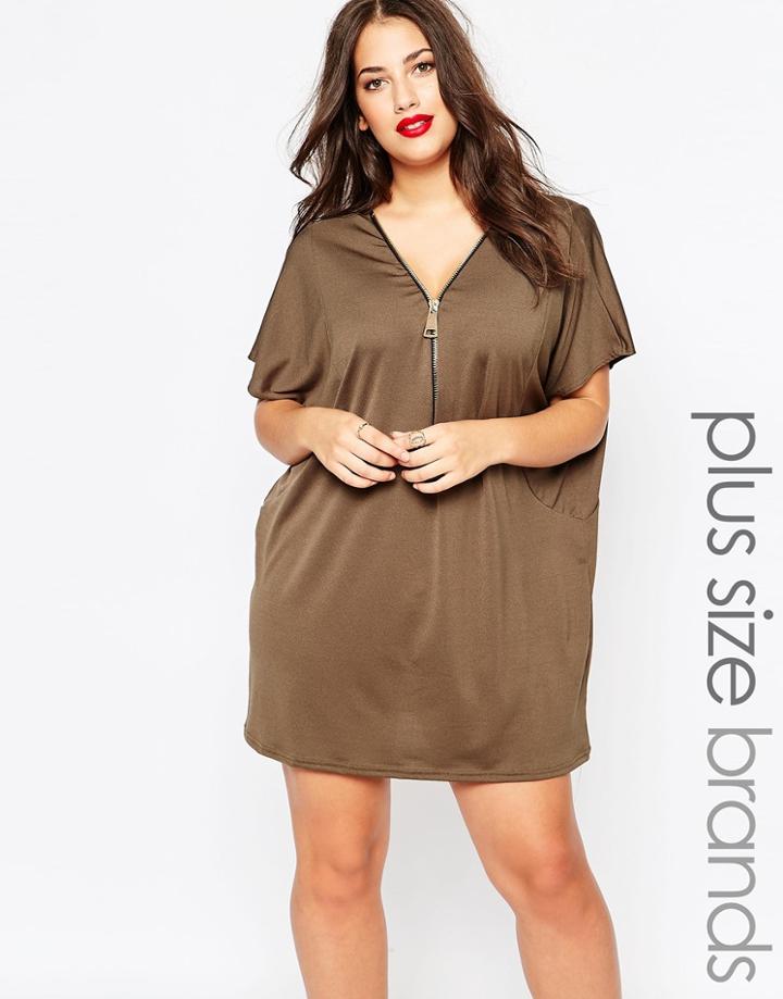 Ax Paris Plus Shift Dress With Chunky Zip Front - Khaki