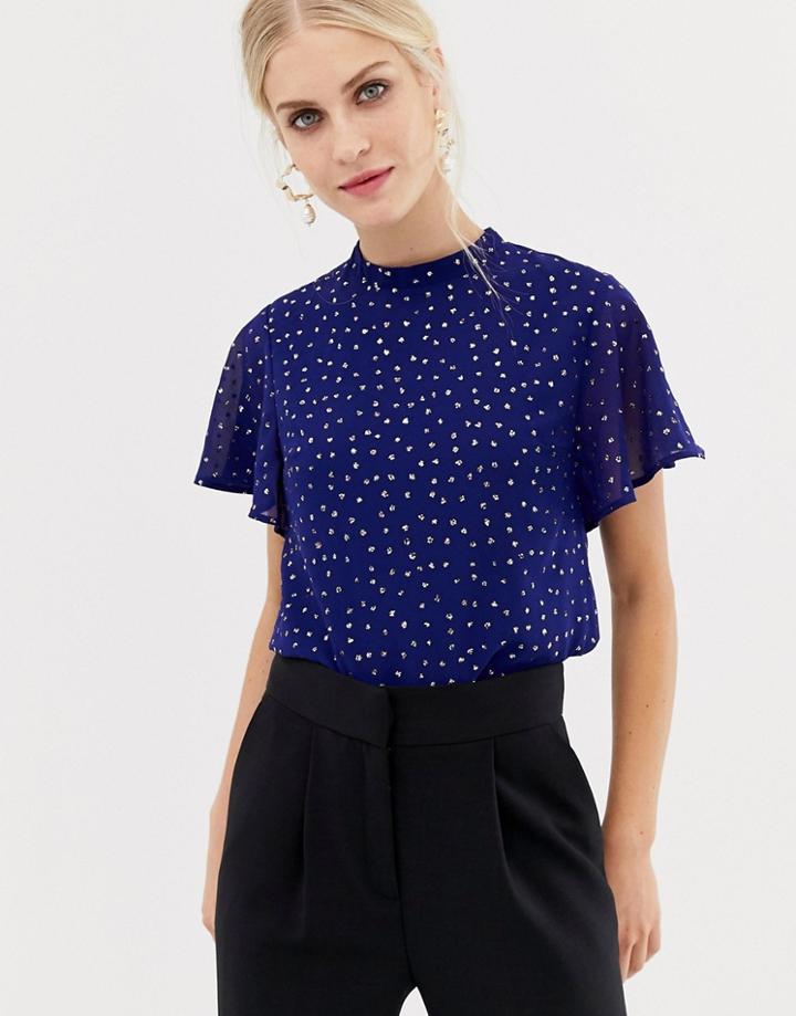 Oasis Glitter Spot Blouse With Angel Sleeves In Blue - Multi