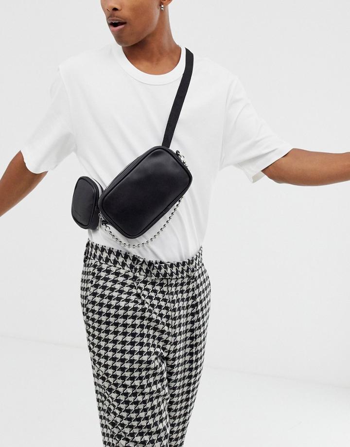 Asos Design Faux Leather Cross Body Fanny Pack With Multi Pockets And Chain - Black
