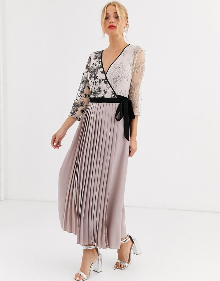 Little Mistress Wrap Front Maxi Dress With Pleated Skirt In Mink-pink