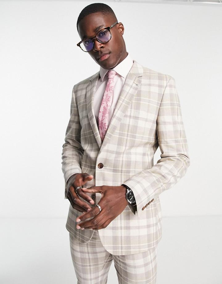 Asos Design Skinny Linen Mix Suit Jacket In Stone Check-neutral