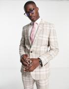 Asos Design Skinny Linen Mix Suit Jacket In Stone Check-neutral