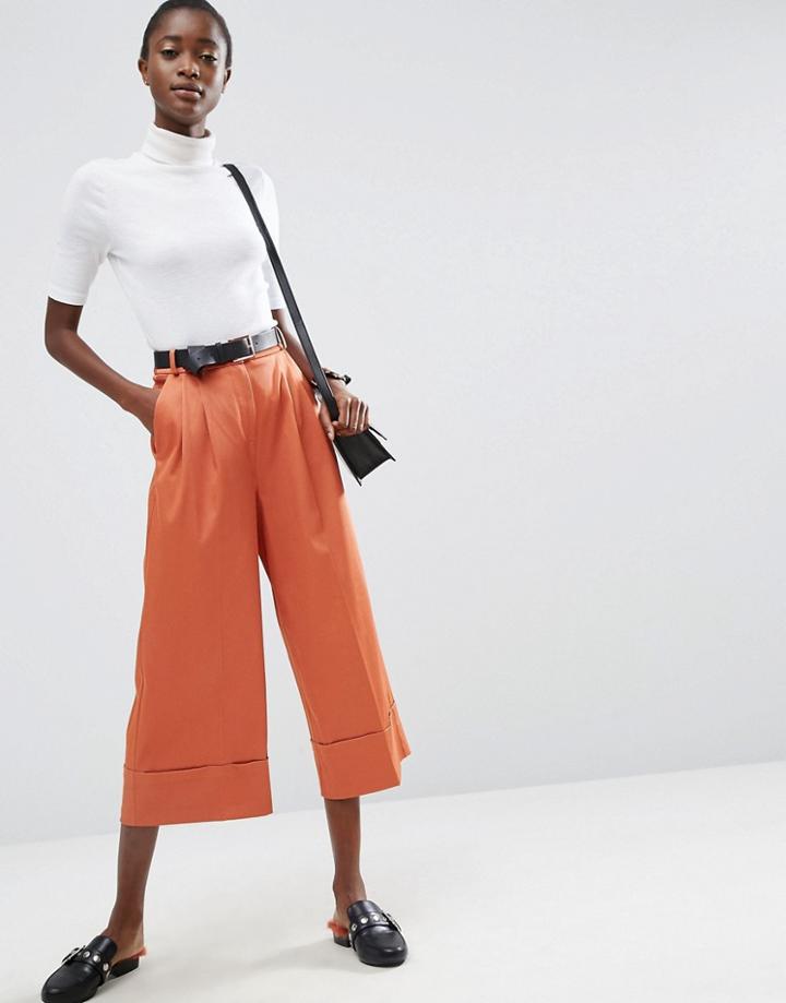 Asos Satin Wide Leg Culotte With Turn Up - Red