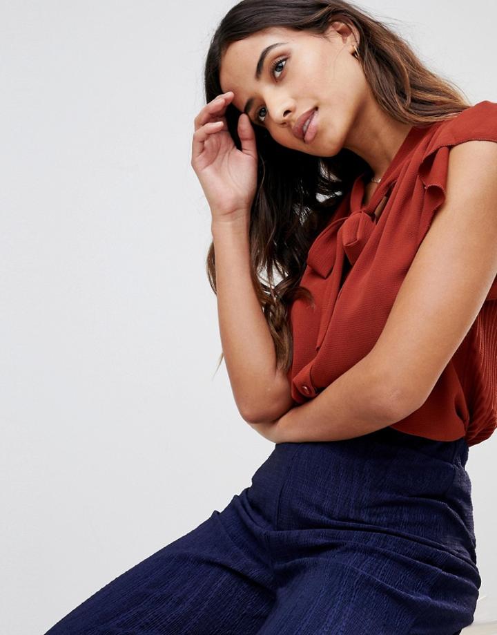 Love Tie Neck Pleated Back Blouse - Brown