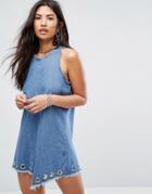 Liquor & Poker Denim Dress With Eyelets And Exposed Zip - Blue