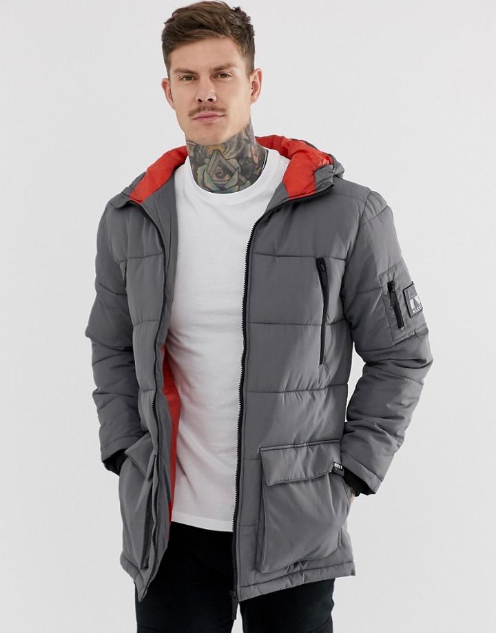 Nicce Long Line Puffer Jacket In Gray With Hood