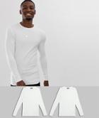Asos Design Organic Muscle Fit Long Sleeve Crew Neck T-shirt With Stretch 2 Pack Save - White