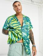 Asos Design Relaxed Revere Satin Shirt In Green Flouro Animal Skin
