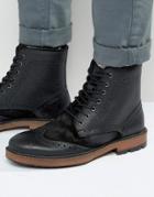 Frank Wright Brogue Boots In Black Suede & Leather - Black
