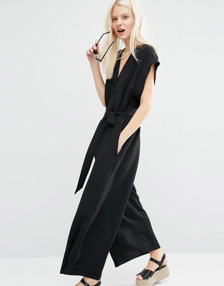 Monki Tie Waist Wide Leg Jumpsuit - Black