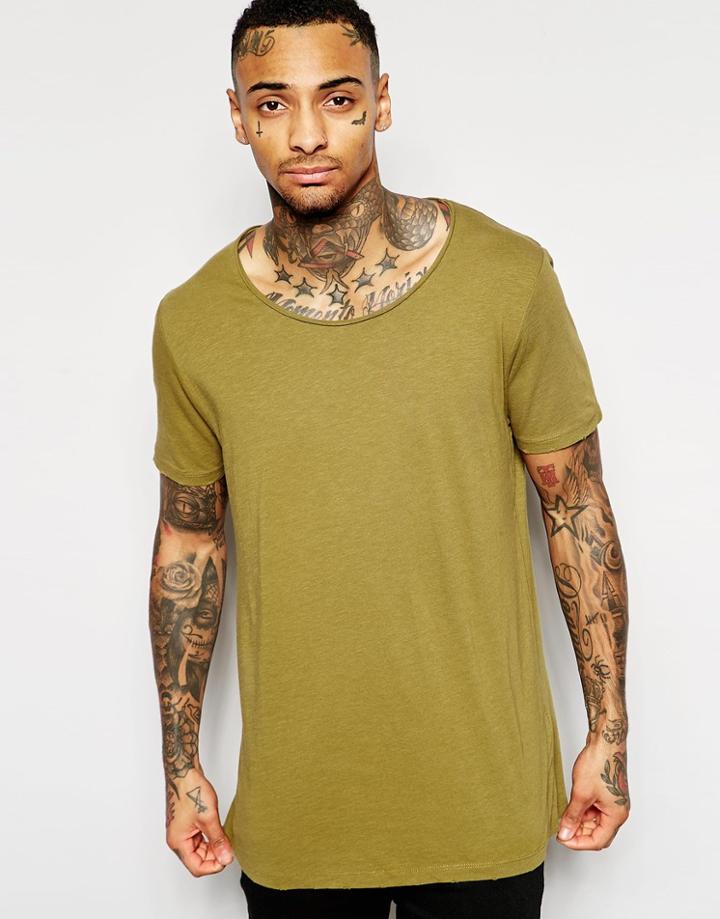 Asos Longline T-shirt In Slub Fabric With Scoop Neck And Heavy Wash In Green - Weed