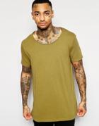 Asos Longline T-shirt In Slub Fabric With Scoop Neck And Heavy Wash In Green - Weed