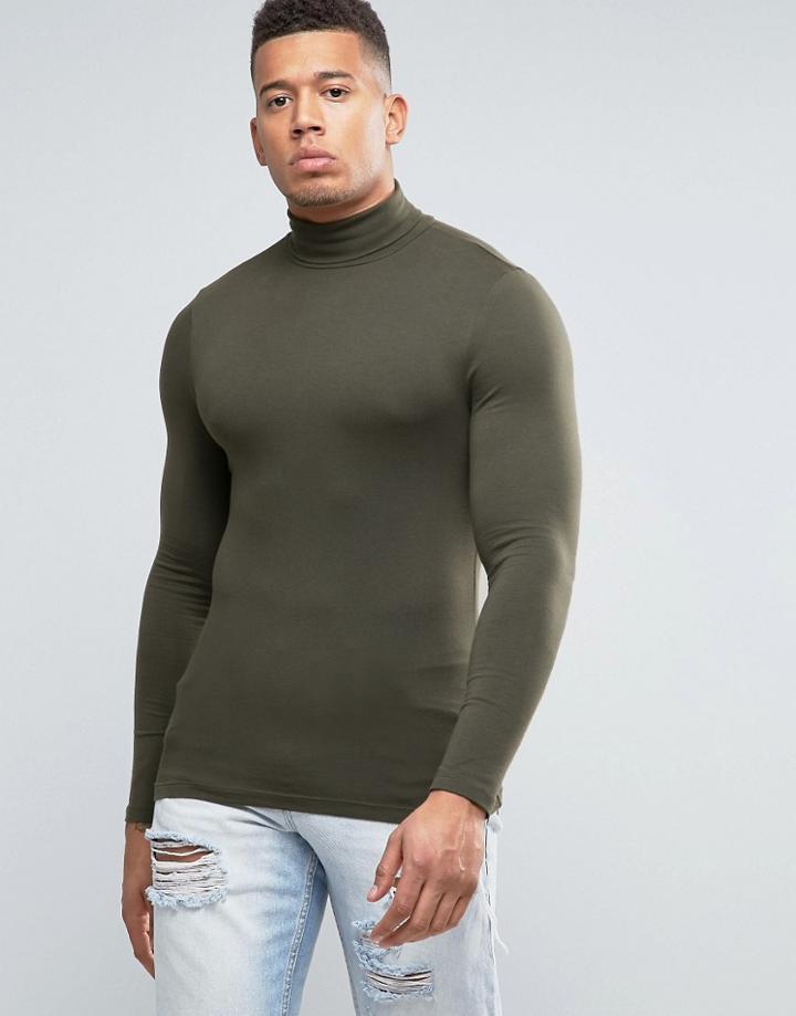 Asos Extreme Muscle Long Sleeve T-shirt With Roll Neck In Khaki - Gree