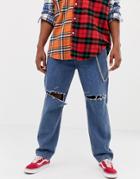 Collusion Straight Leg Jean In Classic Blue Mid Wash With Rips - Blue