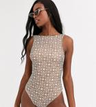 Asos Design Tall High Neck Low Back Swimsuit In Tonal Geo Print