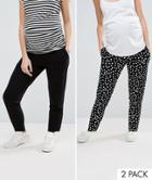 Asos Design Maternity Under The Bump 2 Pack Jersey Peg Pants In Plain Black And Polka Dot-multi