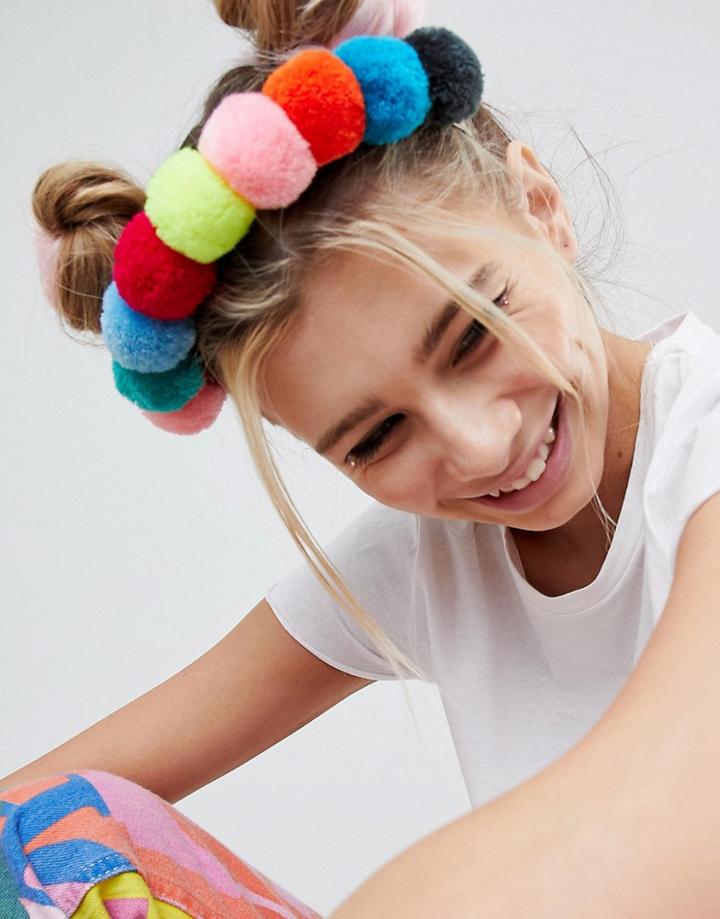 Asos Design Multicolor Pom Pom Headband - Multi