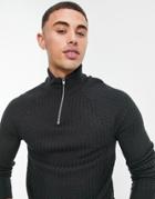 Asos Design Muscle Fit Textured Knit Half Zip Sweater In Charcoal-grey
