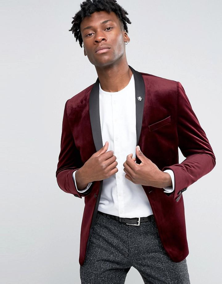 Asos Skinny Blazer In Velvet In Burgundy - Red