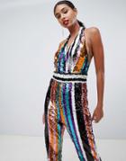 Tfnc Multi Striped Sequin Halterneck Wide Leg Jumpsuit In Rainbow - Multi