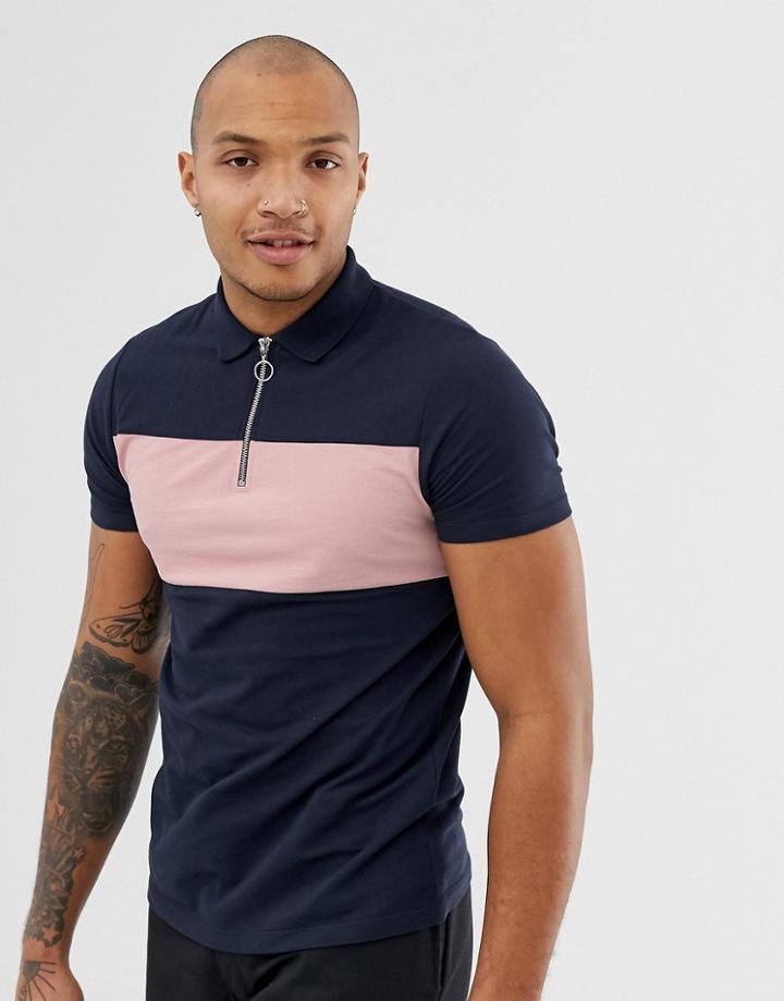 Asos Design Pique Polo Shirt With Zip Neck And Contrast Panel In Navy - Navy