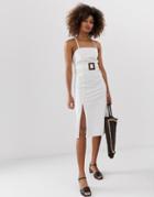 Neon Rose Denim Midaxi Dress With Tie Back And Belt - White