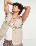 Asos Design Utility Vest With Pockets And Checkerboard Print In Stone-neutral