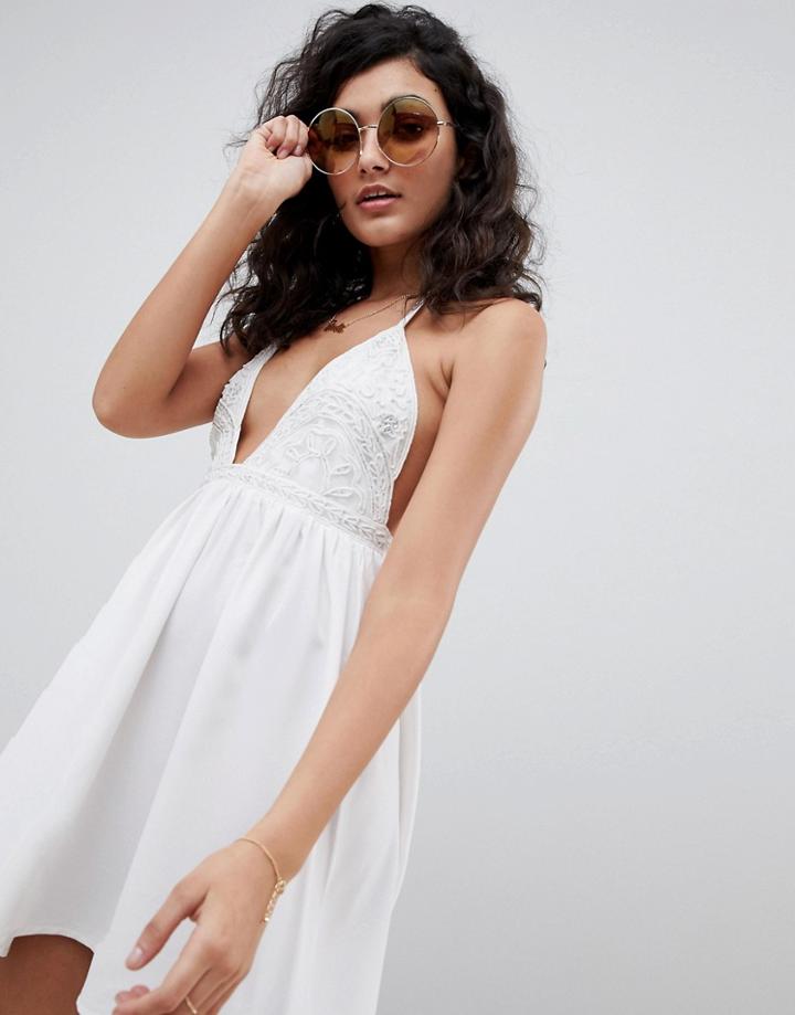 Asos Design Bridal Bead Embellished Plunge Beach Dress - White
