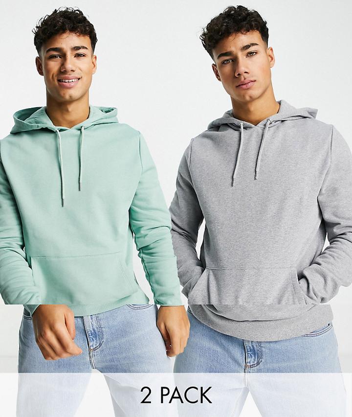 Asos Design Hoodie 2 Pack In Gray Heather/green-multi