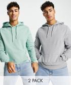 Asos Design Hoodie 2 Pack In Gray Heather/green-multi