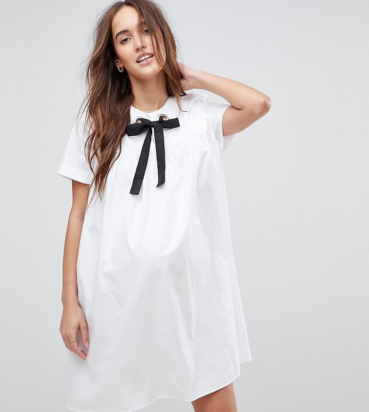 Asos Maternity Smock Dress With Eyelet Detail And Grosgrain Tie - White
