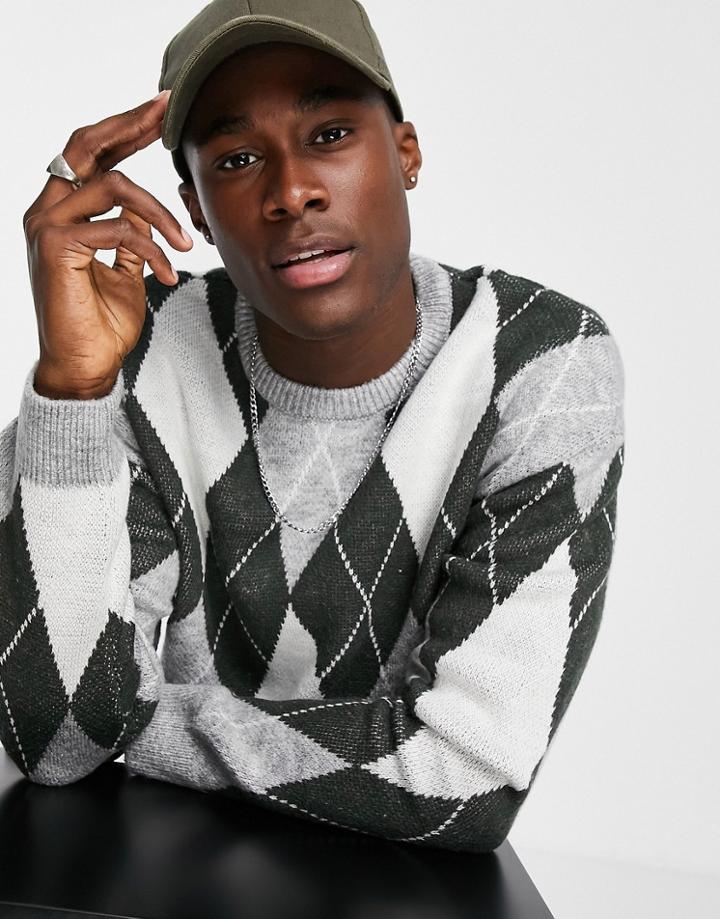 New Look Knitted Sweater With Argyle Pattern In Mid Gray-grey