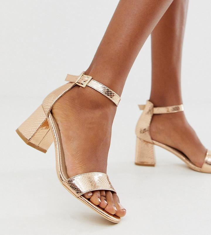 Glamorous Wide Fit Rose Gold Snake Embossed Heeled Sandals