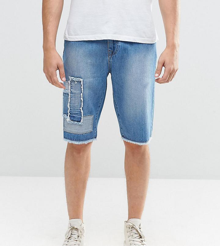 Brooklyn Supply Co Patched Worked Short In Mid Wash With Raw Hem - Blue
