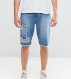 Brooklyn Supply Co Patched Worked Short In Mid Wash With Raw Hem - Blue