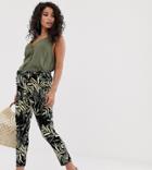 Asos Design Maternity Over The Bump Tie Waist Peg Pants In Tropical Palm Print-multi
