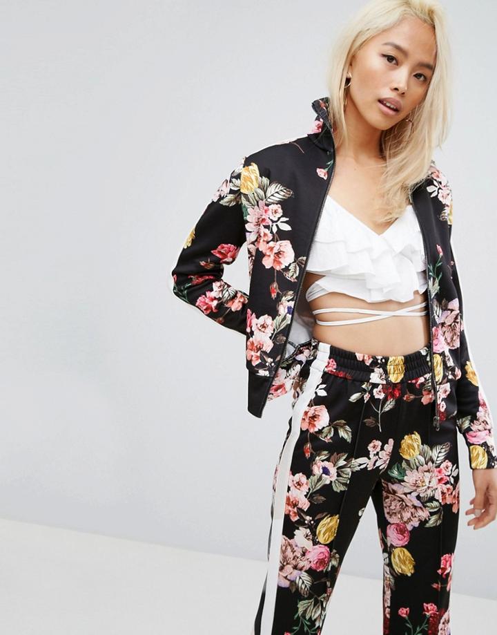 Arrive Retro Stripe Floral Zip Thru Tracksuit Top - Multi