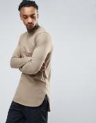 Asos Super Longline Long Sleeve T-shirt With Curved Step Hem - Beige