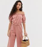 Miss Selfridge Petite Bardot Jumpsuit With Puff Sleeves In Pink