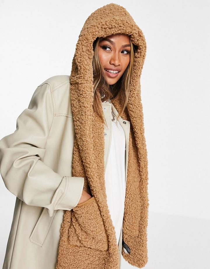 Topshop Hooded Shearling Scarf In Brown