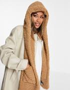 Topshop Hooded Shearling Scarf In Brown