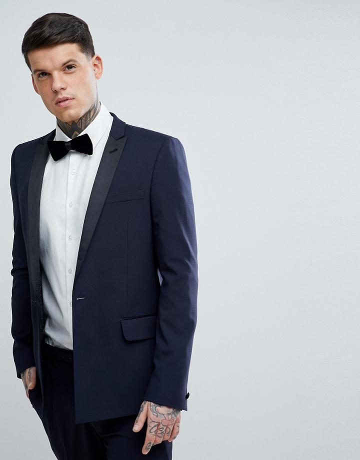 Asos Skinny Tuxedo Suit Jacket In Navy With Black Satin Lapel - Navy