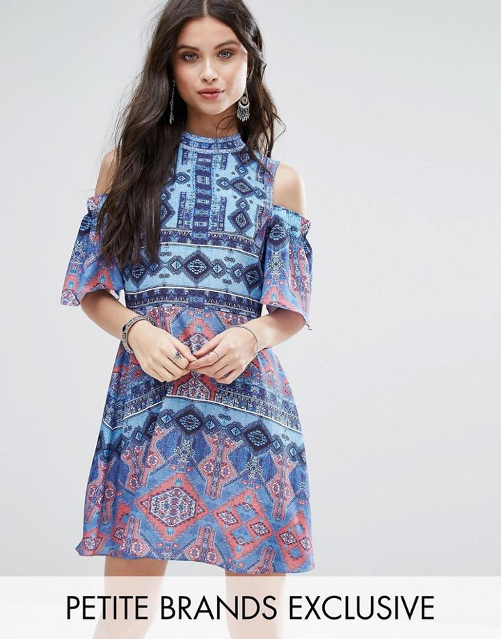 White Cove Petite Cold Shoulder All Over Printed Skater Dress - Multi