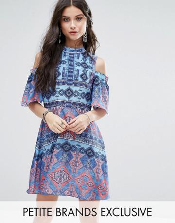 White Cove Petite Cold Shoulder All Over Printed Skater Dress - Multi