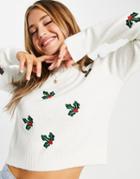 Miss Selfridge Embroidered Holly Christmas Sweater-white