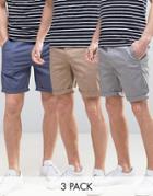 Asos 3 Pack Slim Chino Shorts In Stone Gray & Blue Save - Multi
