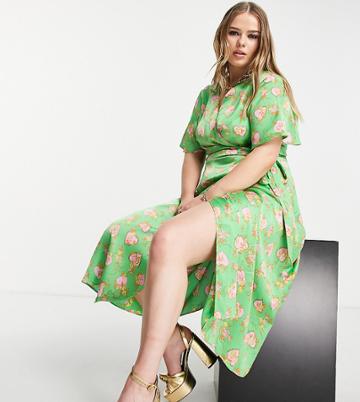 Never Fully Dressed Plus Exclusive Wrap Midi Dress In Green Fantasy Love Print