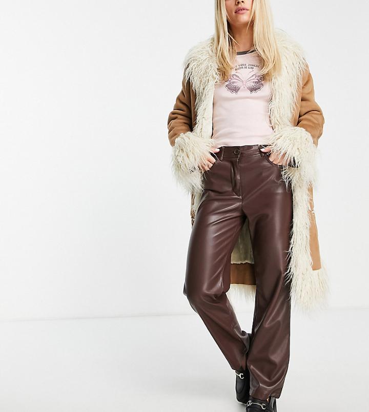 Topshop Petite Faux Leather Straight Pants In Brown