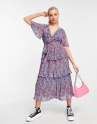 Asos Design Wrap Front Tiered Pleated Midi Dress In Navy Flirty Floral Print-multi