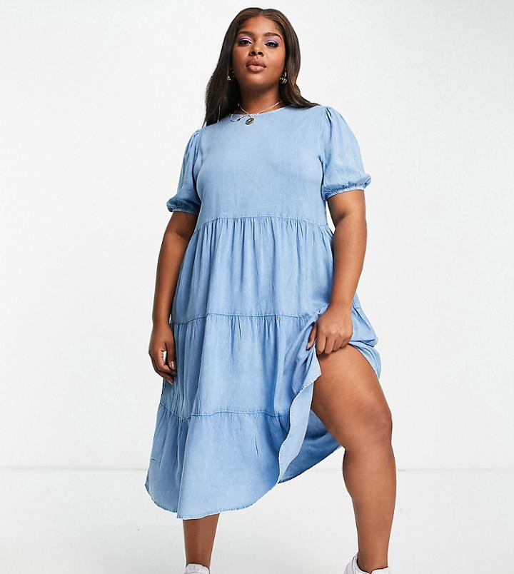 Influence Plus Tiered Midi Dress In Chambray-neutral